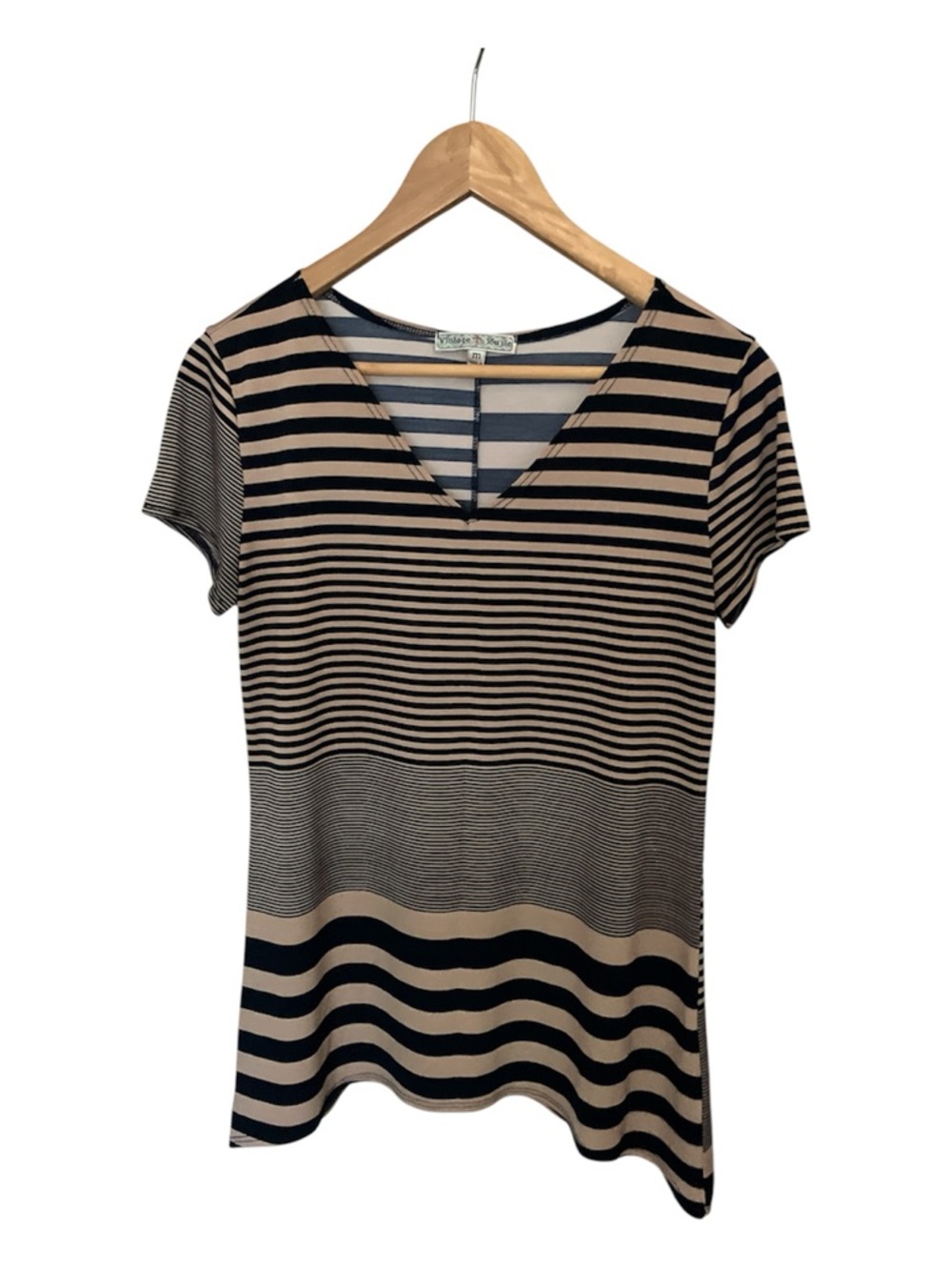 Vintage Suzie Striped V-Neck Short Sleeve Top - Black and Beige
